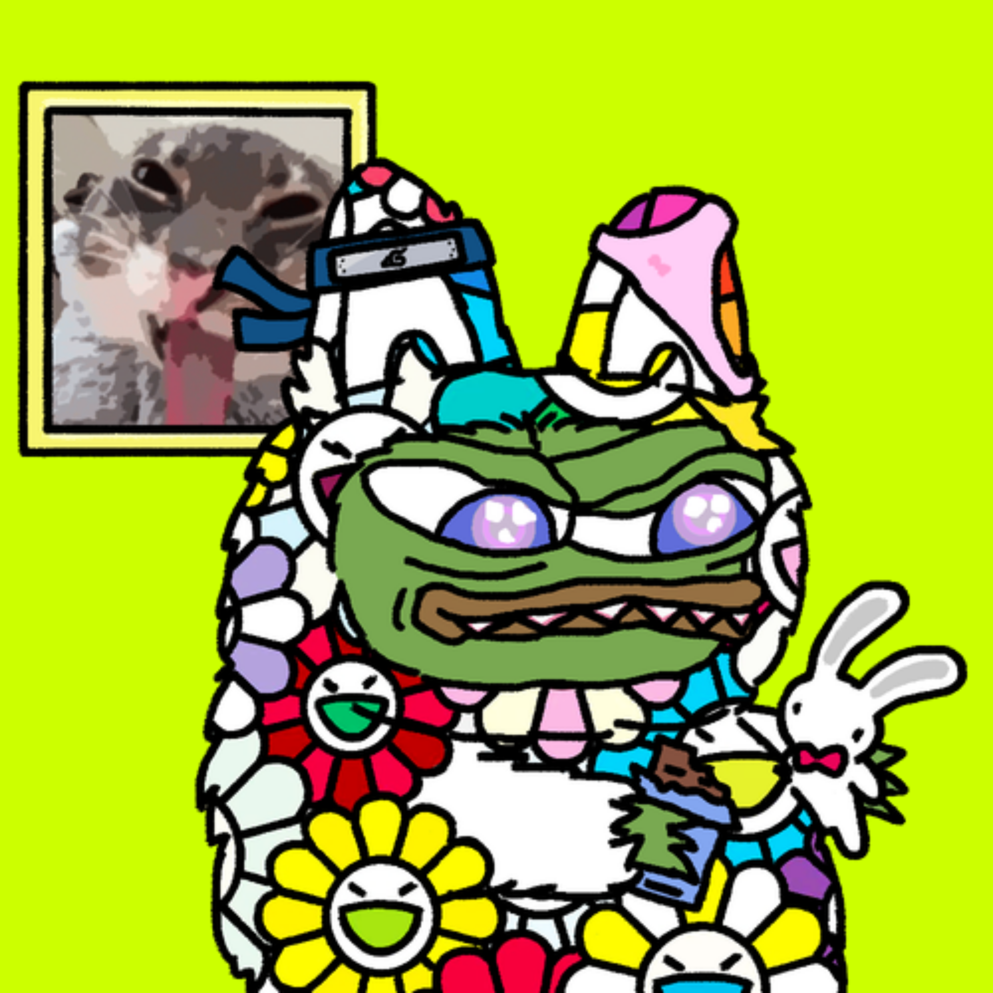 Rainbow flower-covered roBUBU character in a Murakami-style bloom costume.