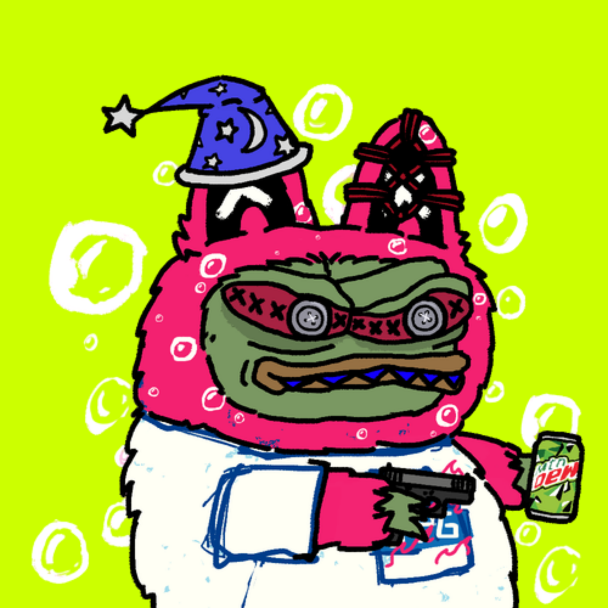 Pink wizard-hat roBUBU character holding a toy gun and a soda can.