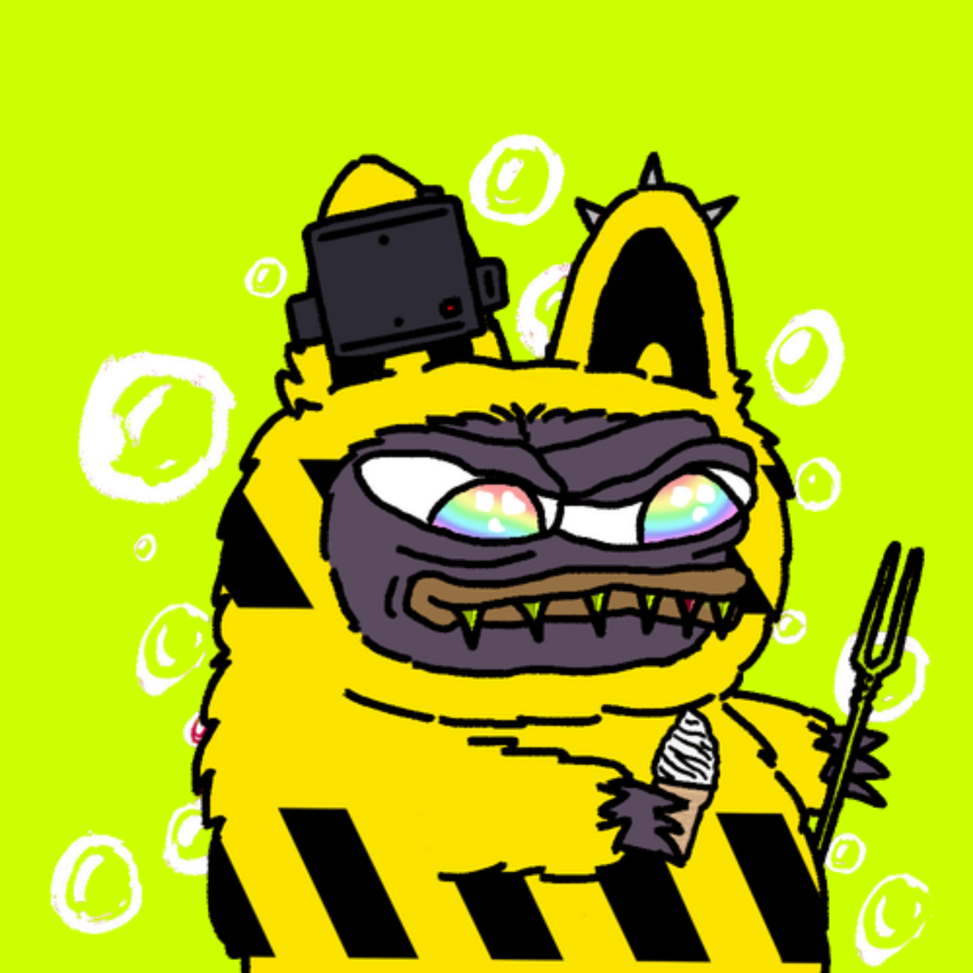 Yellow and black striped roBUBU character with a riot helmet, from the gallery.